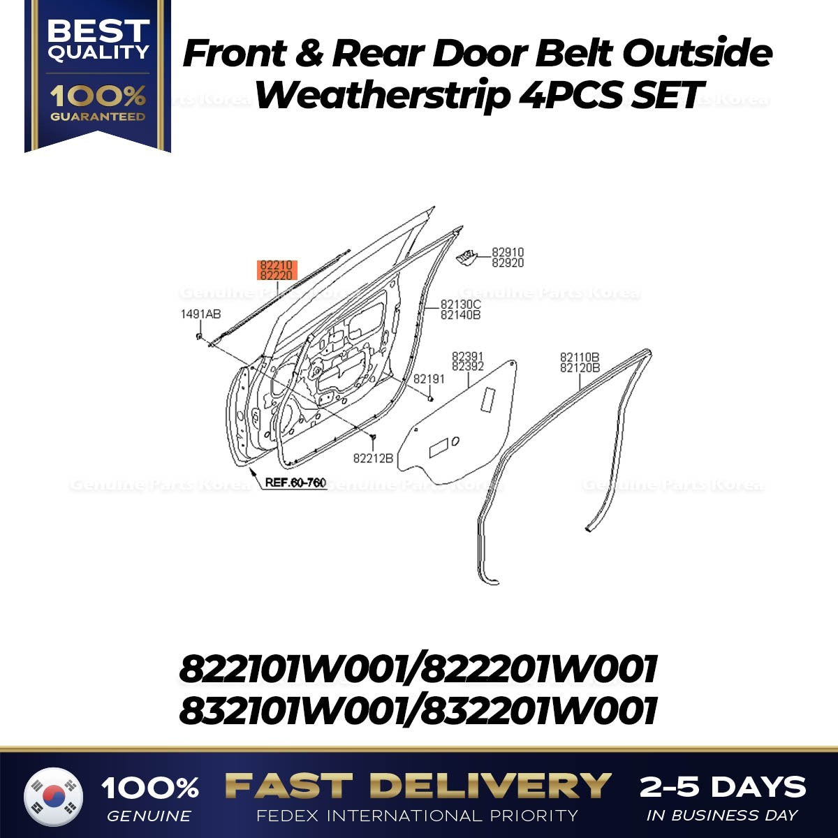 Genuine Front & Rear Door Belt Outside Weatherstrip 4PCS SET for Kia Rio