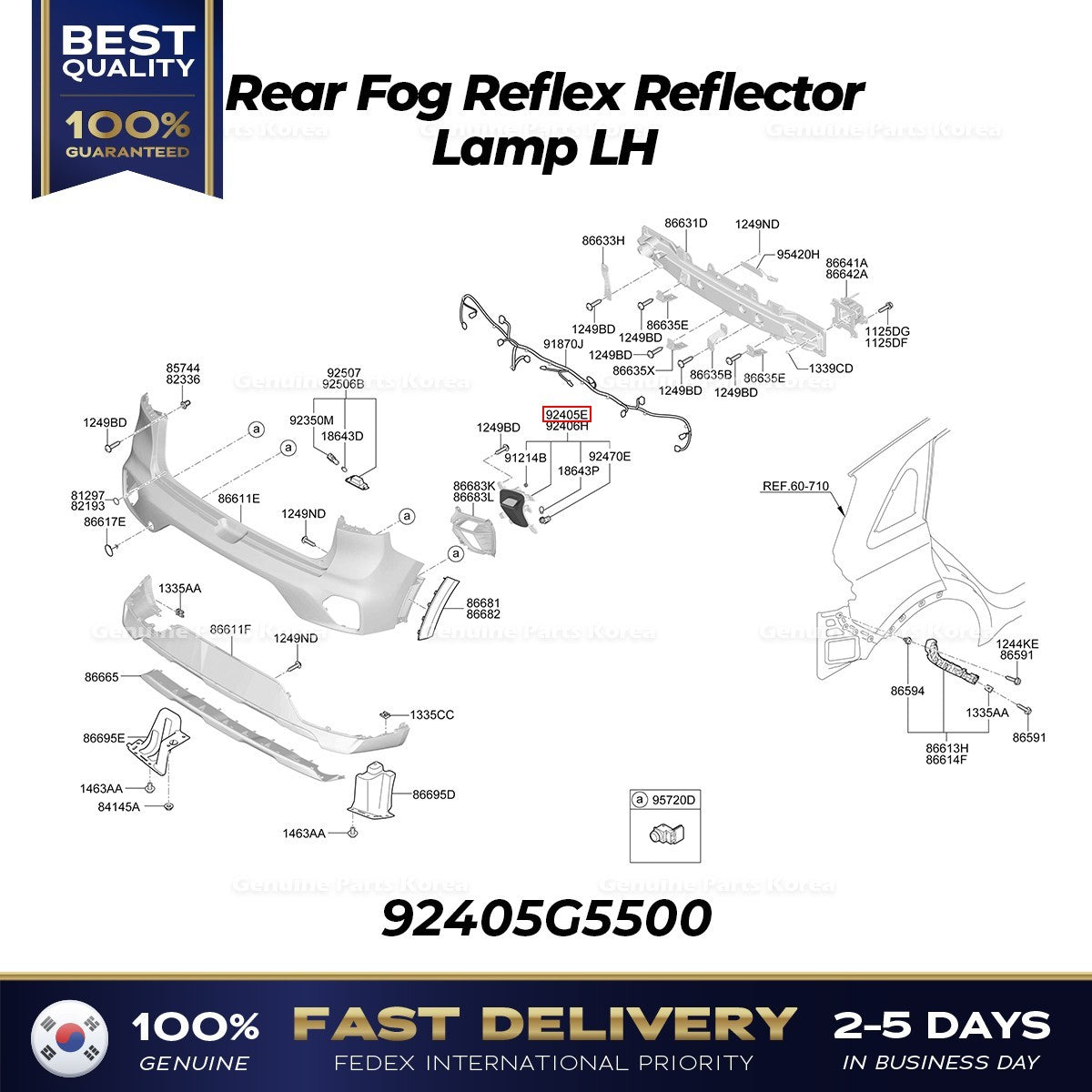 Genuine Rear Fog Reflex Reflector Lamp LH 92405G5500 for Kia Niro