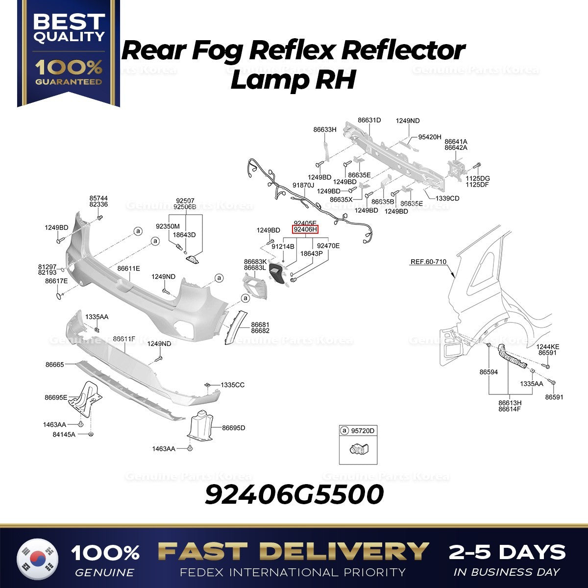 Genuine Rear Fog Reflex Reflector Lamp RH 92406G5500 for Kia Niro