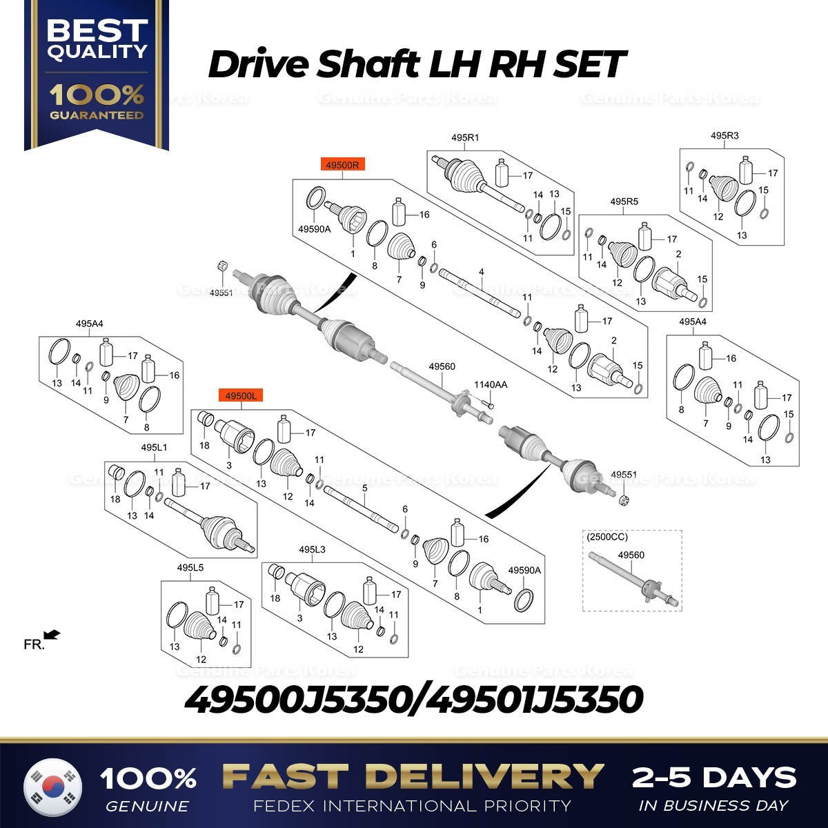 Genuine Drive Shaft LH RH SET 49500J5350/49501J5350 for Kia Stinger