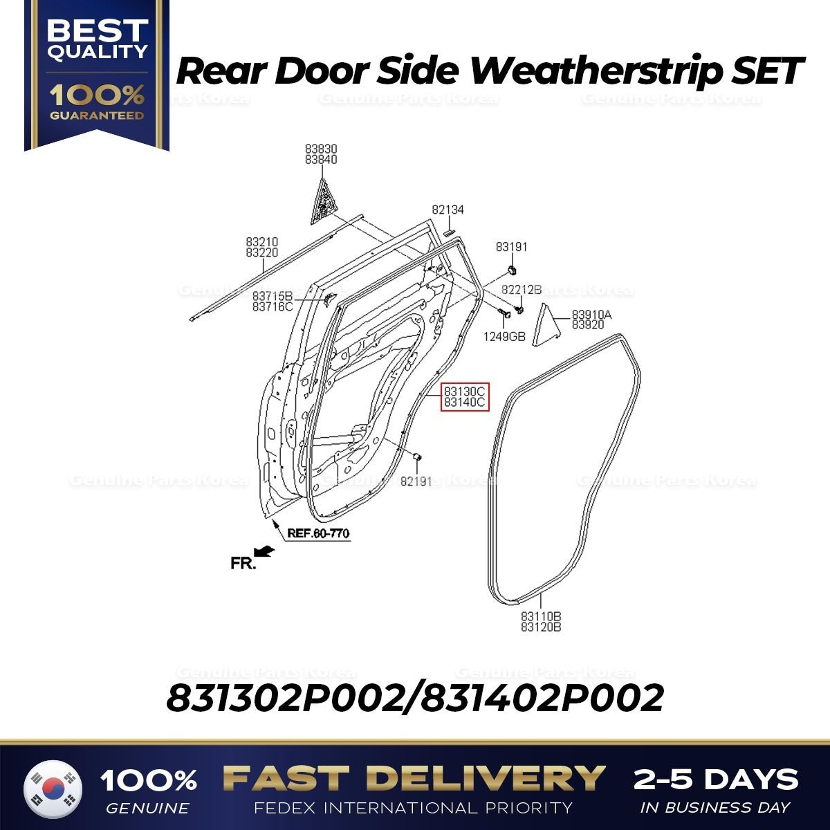 Genuine Rear Door Side Weatherstrip SET 831302P002 831402P002 for Kia Sorento