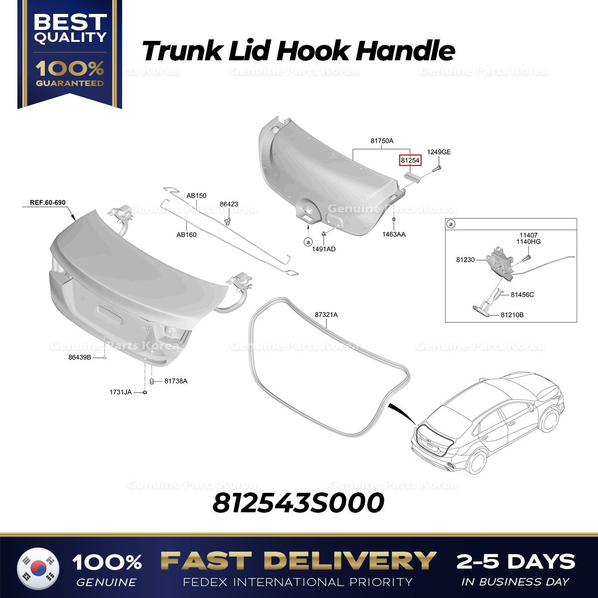 Genuine Trunk Lid Hook Handle 812543S000 for Hyundai Azera Elantra Kia Forte