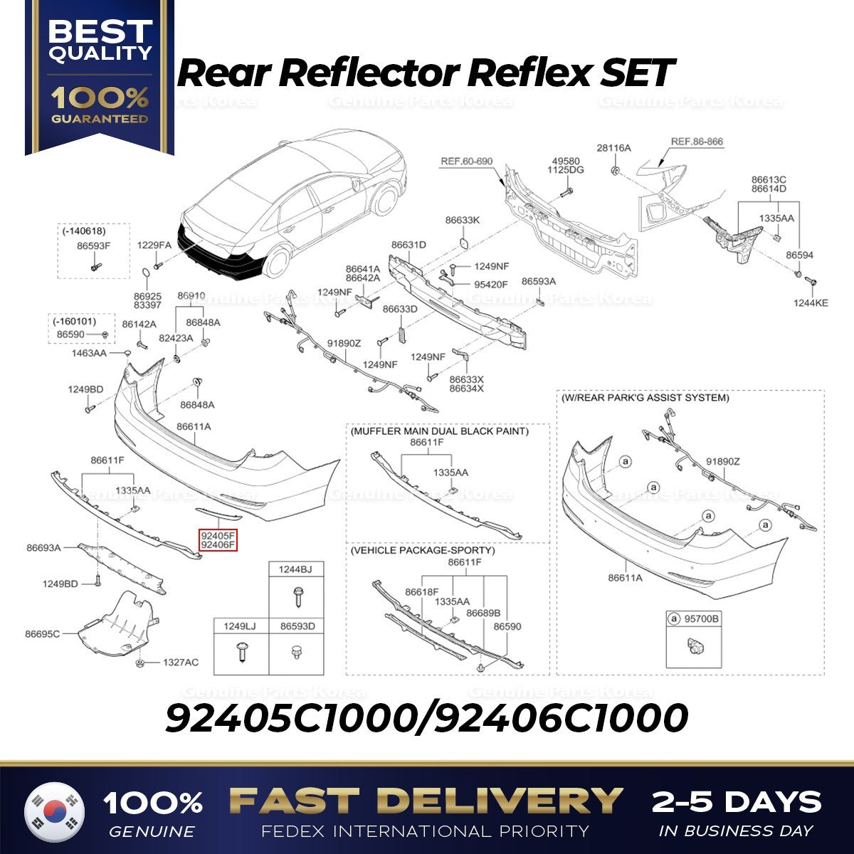 Genuine Rear Reflector Reflex SET 92405C1000 92406C1000 for Hyundai Sonata
