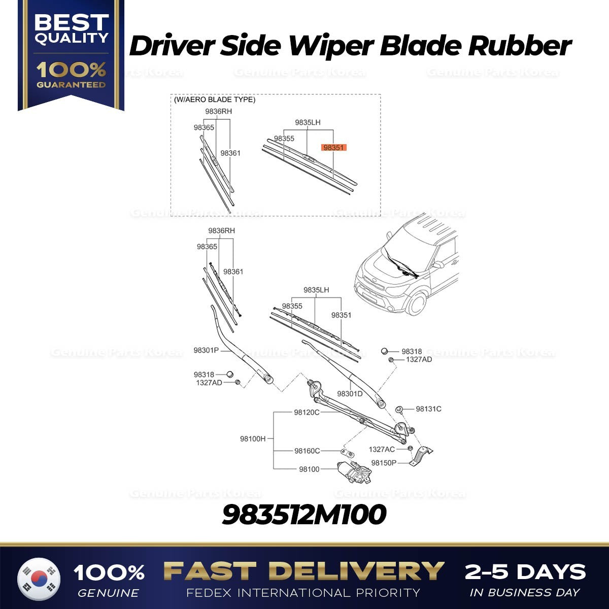 Genuine Driver Side Wiper Blade Rubber 983512M100 for Kia Soul