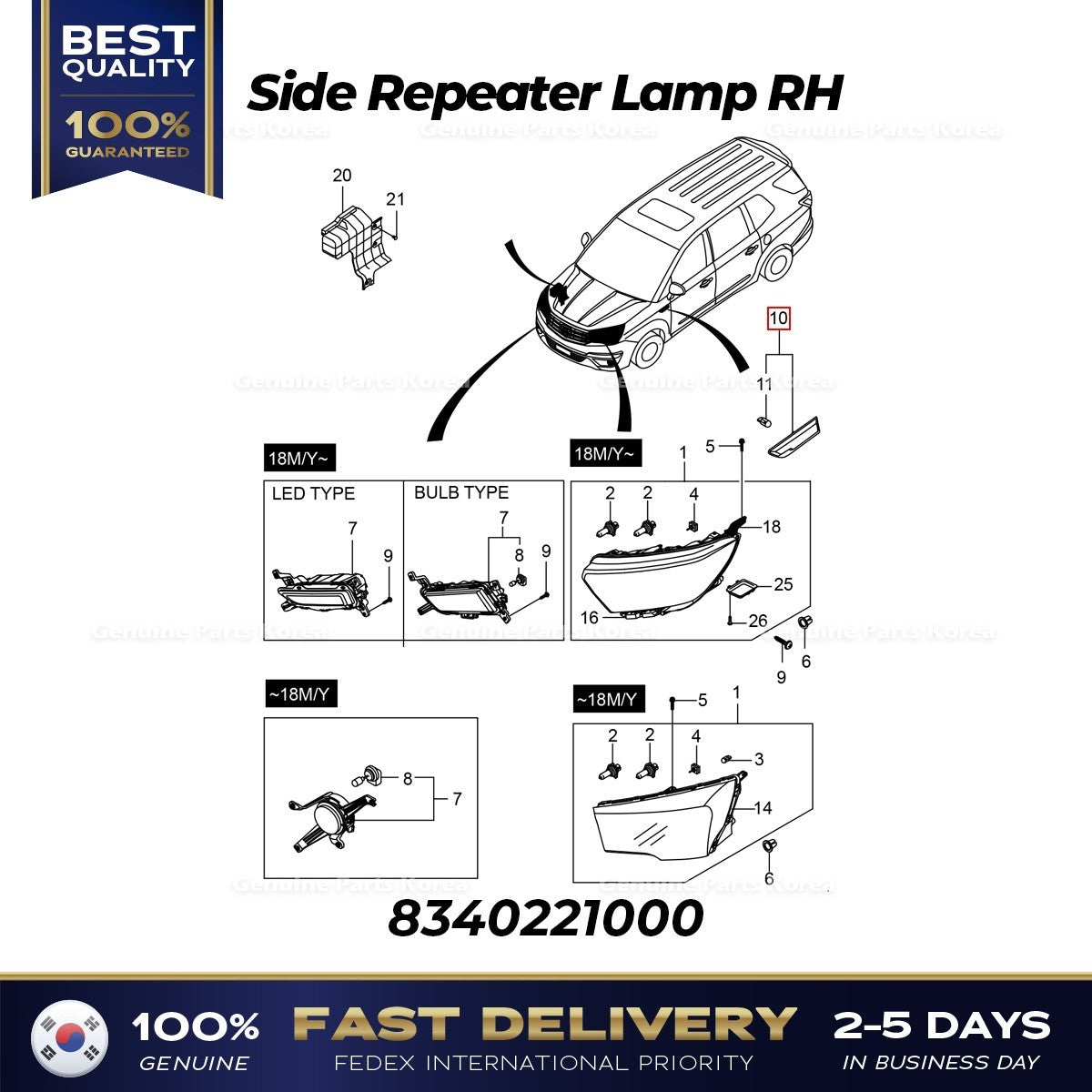 Genuine Side Repeater Lamp RH 8340221000 for Ssangyong Korando Turismo