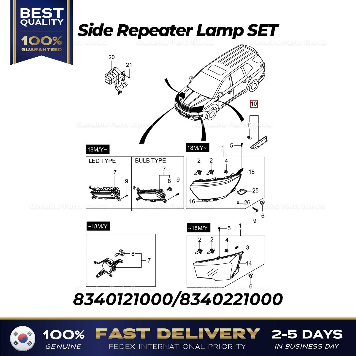 Genuine Side Repeater Lamp SET 8340121000 8340221000 for Korando Turismo