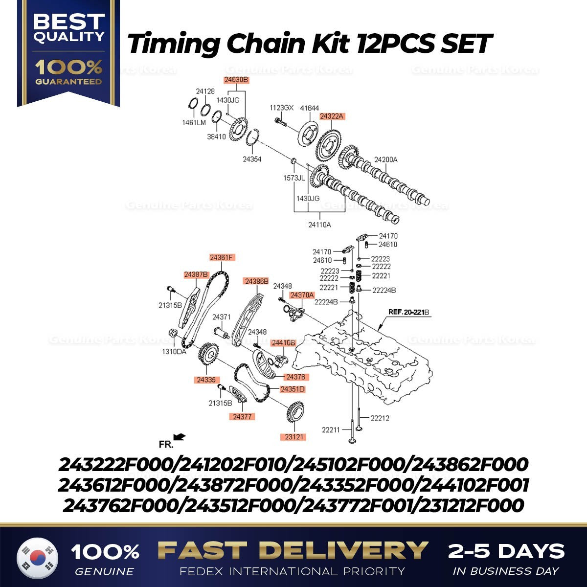 Genuine Timing Chain Kit 12PCS SET for Hyundai Grand Santa Fe