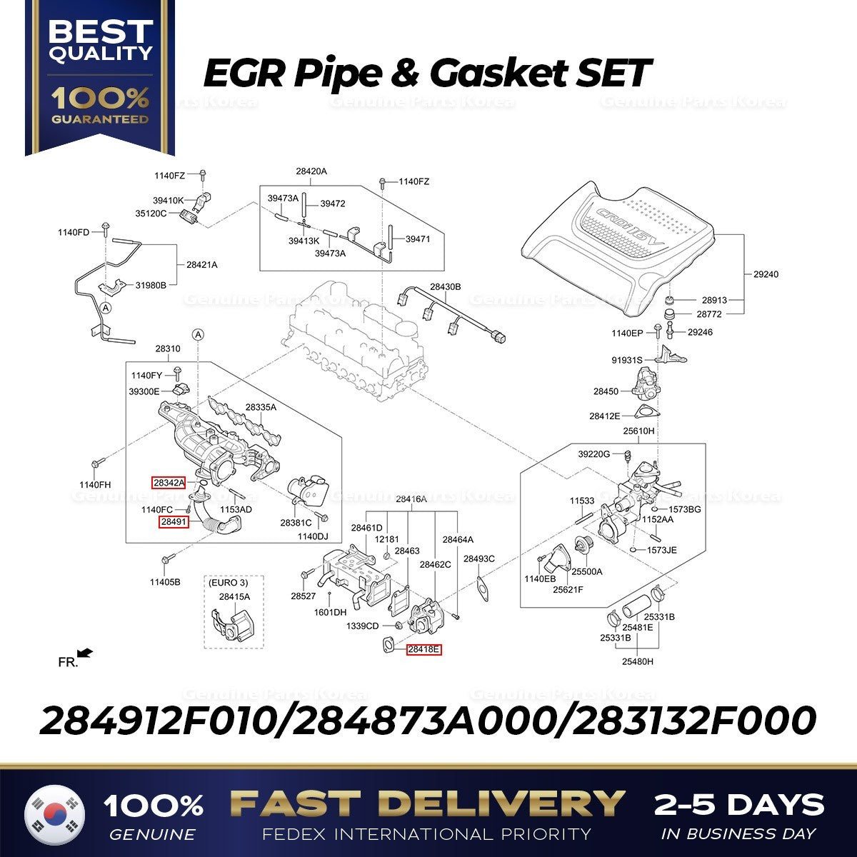 Genuine EGR Pipe & Gasket SET 284912F010 for Hyundai Tucson Kia Sorento