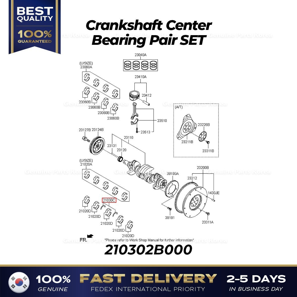 Genuine Crankshaft Center Bearing Pair SET 210302B000 for Hyundai Accent