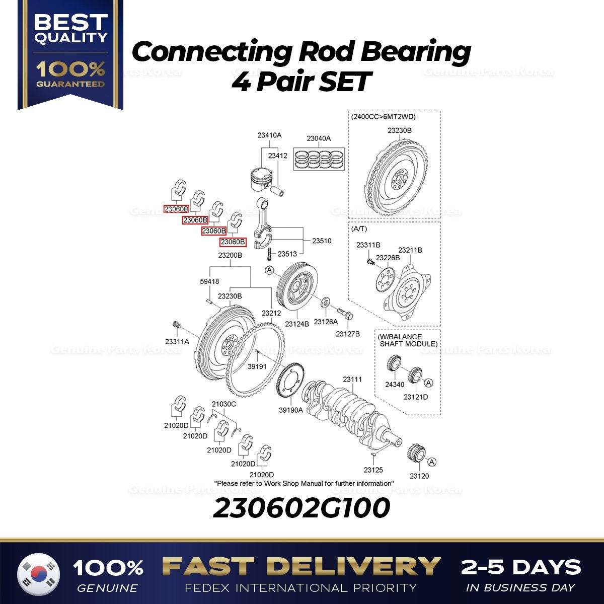 Genuine Connecting Rod Bearing 4 Pair SET 230602G100 for Hyundai Sonata Tucson