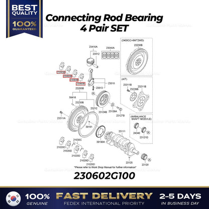 Genuine Connecting Rod Bearing 4 Pair SET 230602G100 for Hyundai Sonata Tucson