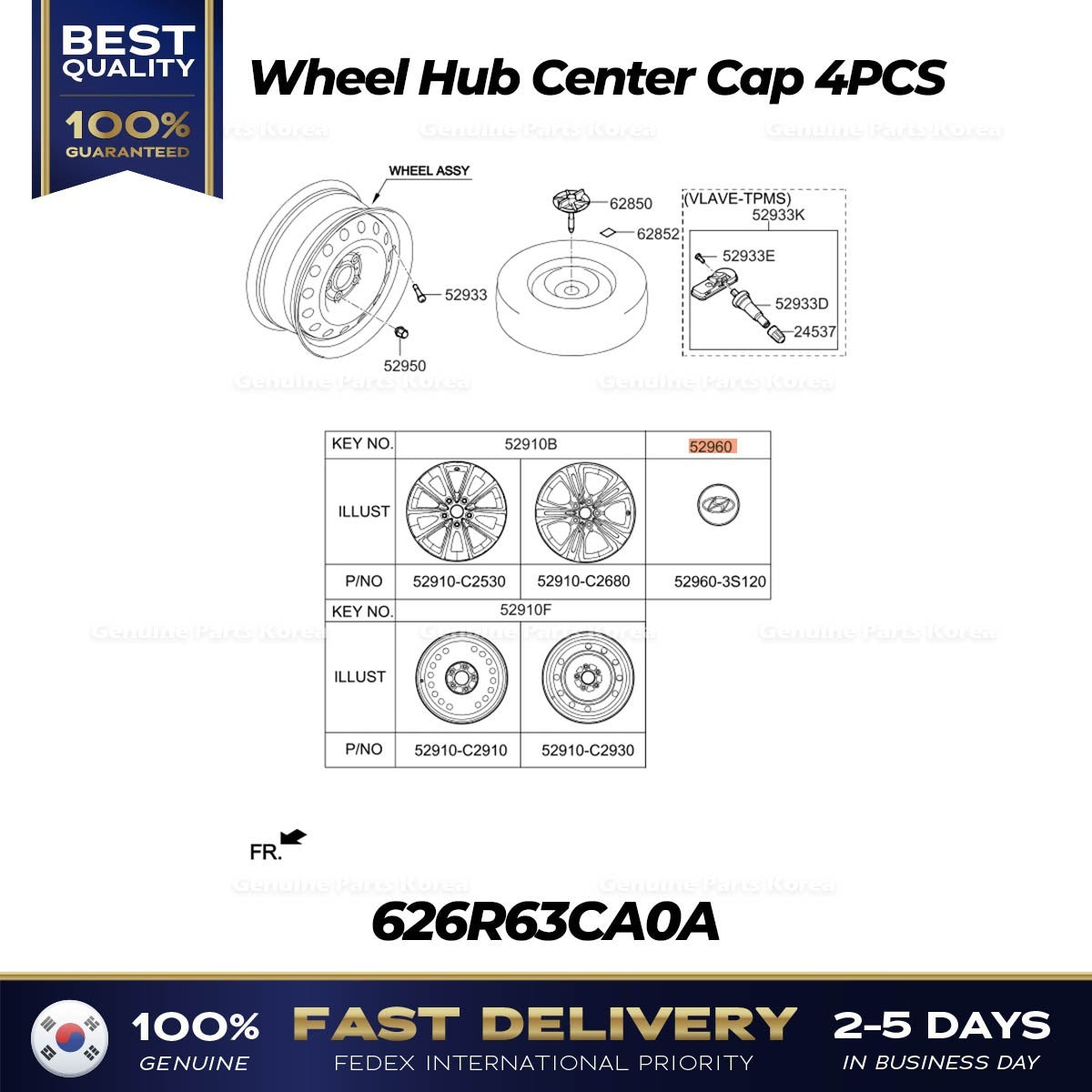 Genuine Wheel Hub Center Cap 4PCS 52960D3100 for Hyundai Sonata