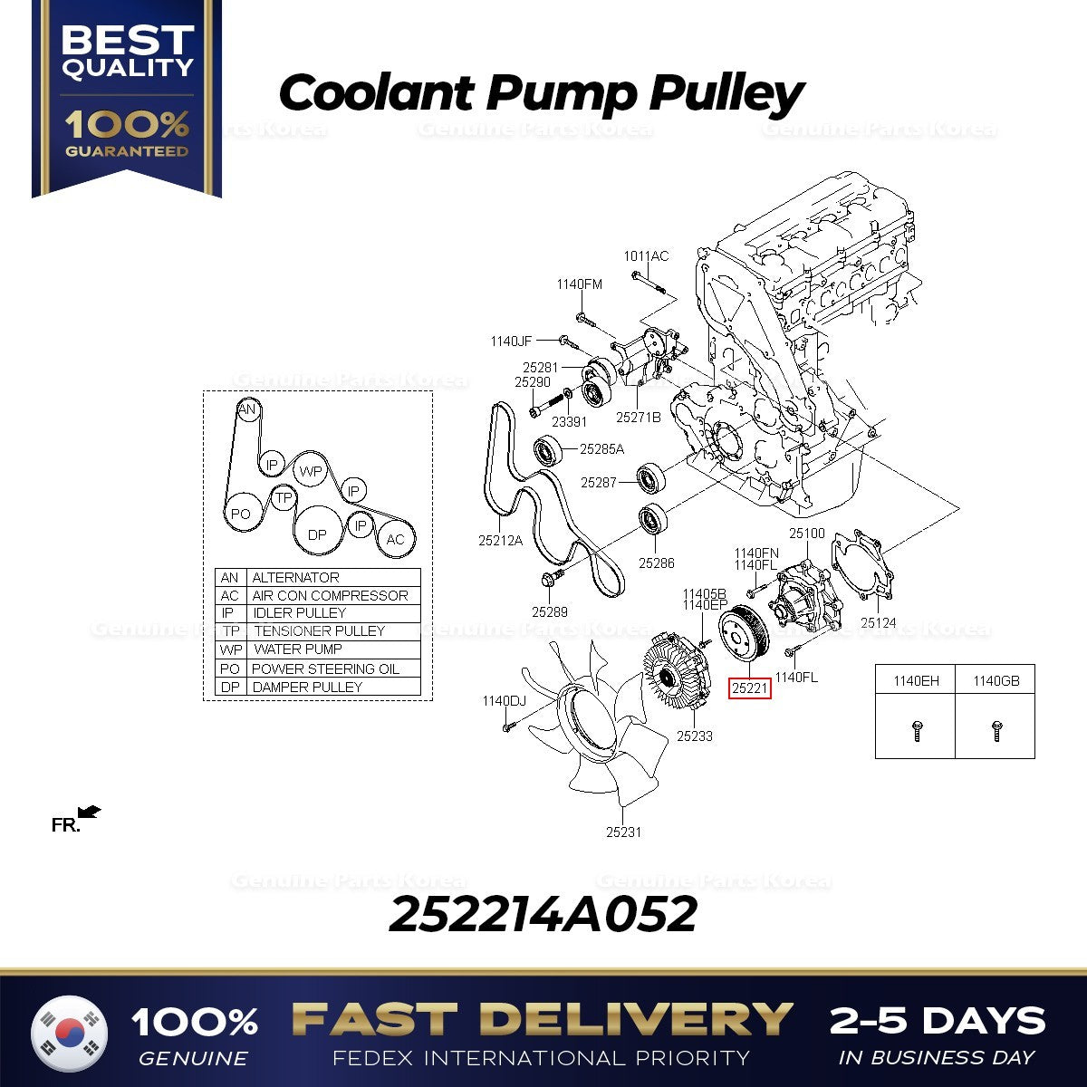 Genuine Coolant Pump Pulley 252214A052 for Hyundai Solati Mighty H100