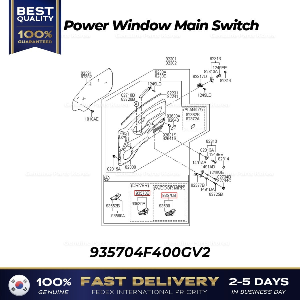 Genuine Power Window Main Switch 935704F400GV2 for Hyundai Porter II