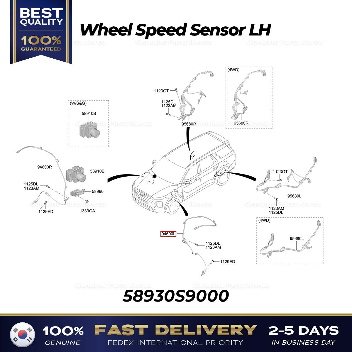 Genuine Wheel Speed Sensor LH 58930S9000 for Hyundai Palisade