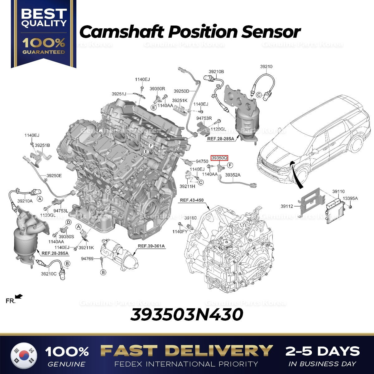 Genuine Camshaft Position Sensor 393503N430 for Hyundai Genesis G80 G90