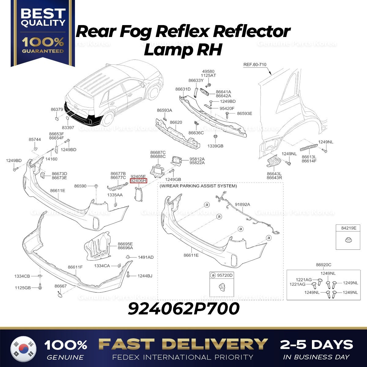 Genuine Rear Fog Reflex Reflector Lamp RH 924062P700 for Kia Sorento