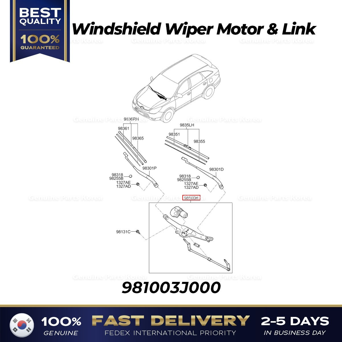 Genuine Windshield Wiper Motor & Link 981003J000 for Hyundai Veracruz