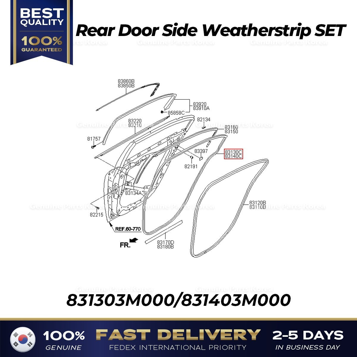 Genuine Rear Door Side Weatherstrip SET 831303M000 831403M000 for Genesis