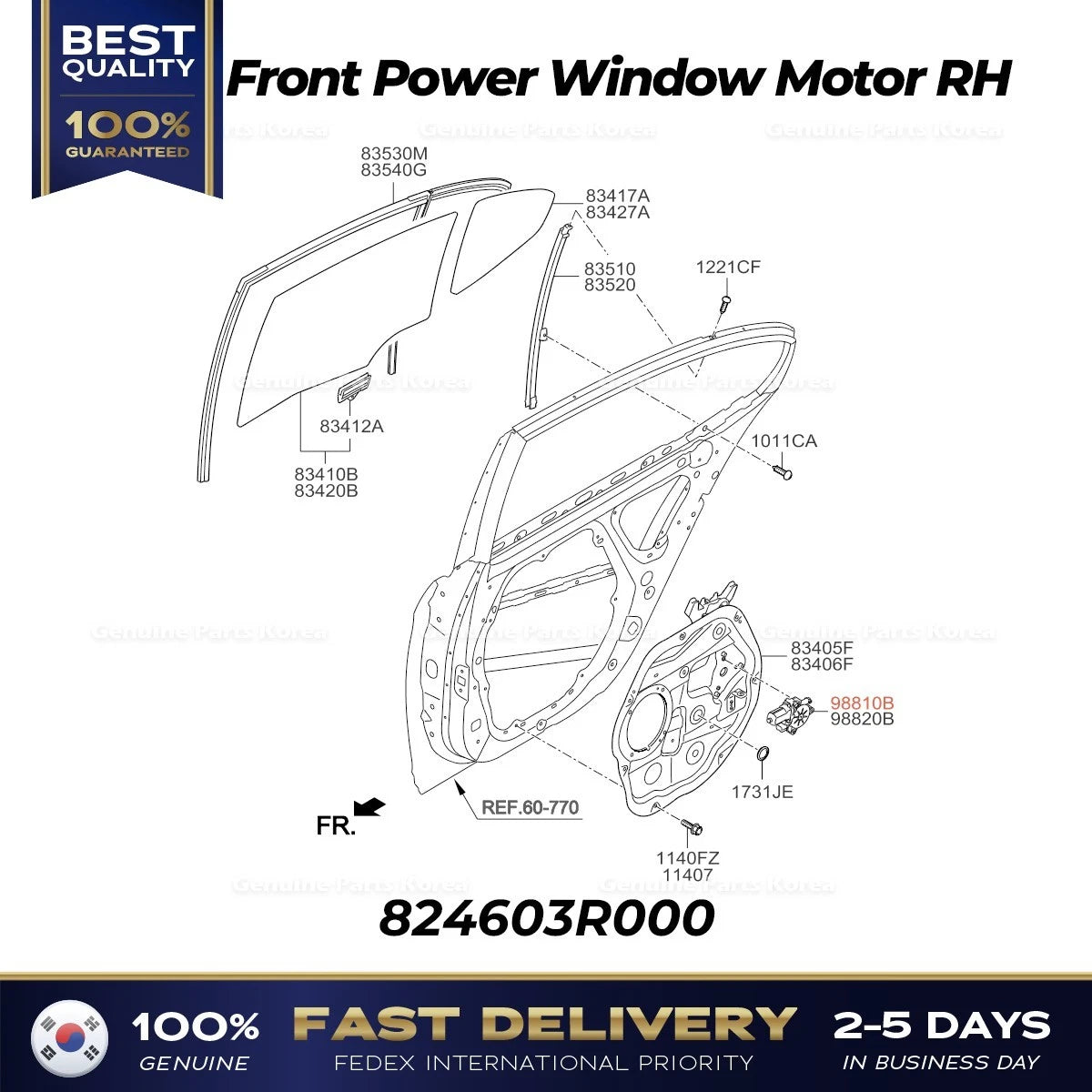 Genuine Front Power Window Motor RH 824603R000 for Kia Cadenza