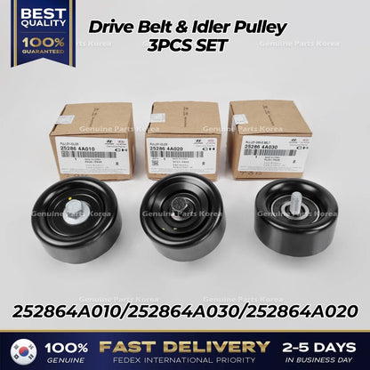 Genuine Drive Belt & Idler Pulley 3PCS SET for Hyundai H1 Grand Starex