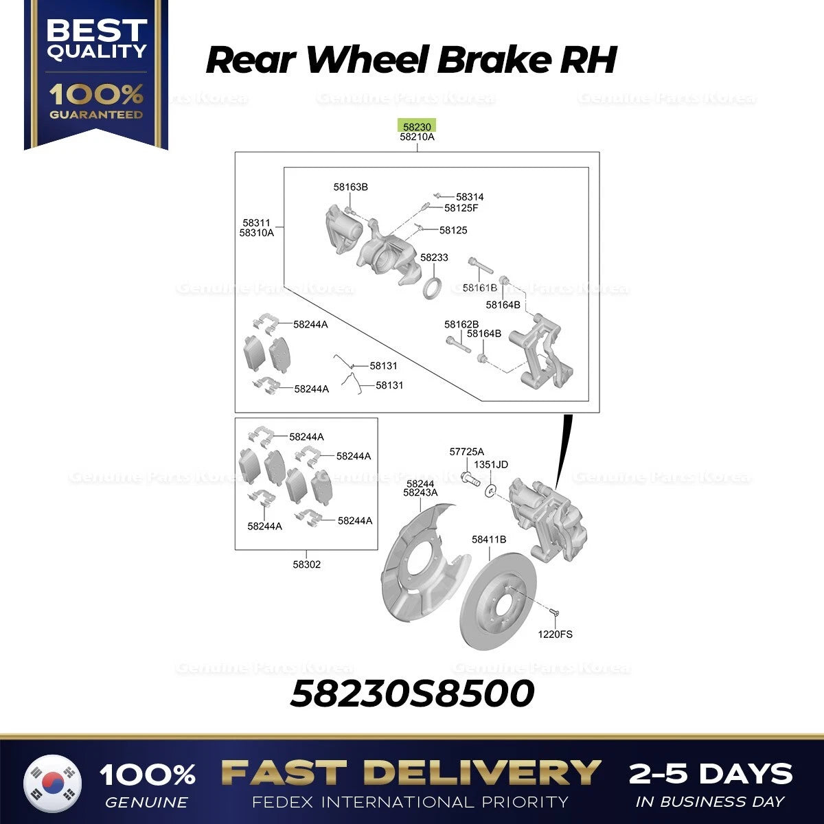 ⭐Genuine⭐ Rear Wheel Brake RH 58230S8500 for Hyundai Palisade