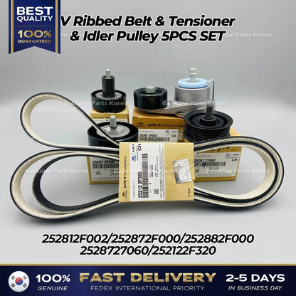 Genuine V Ribbed Belt & Tensioner & Idler Pulley 5PCS SET for Hyundai Tucson
