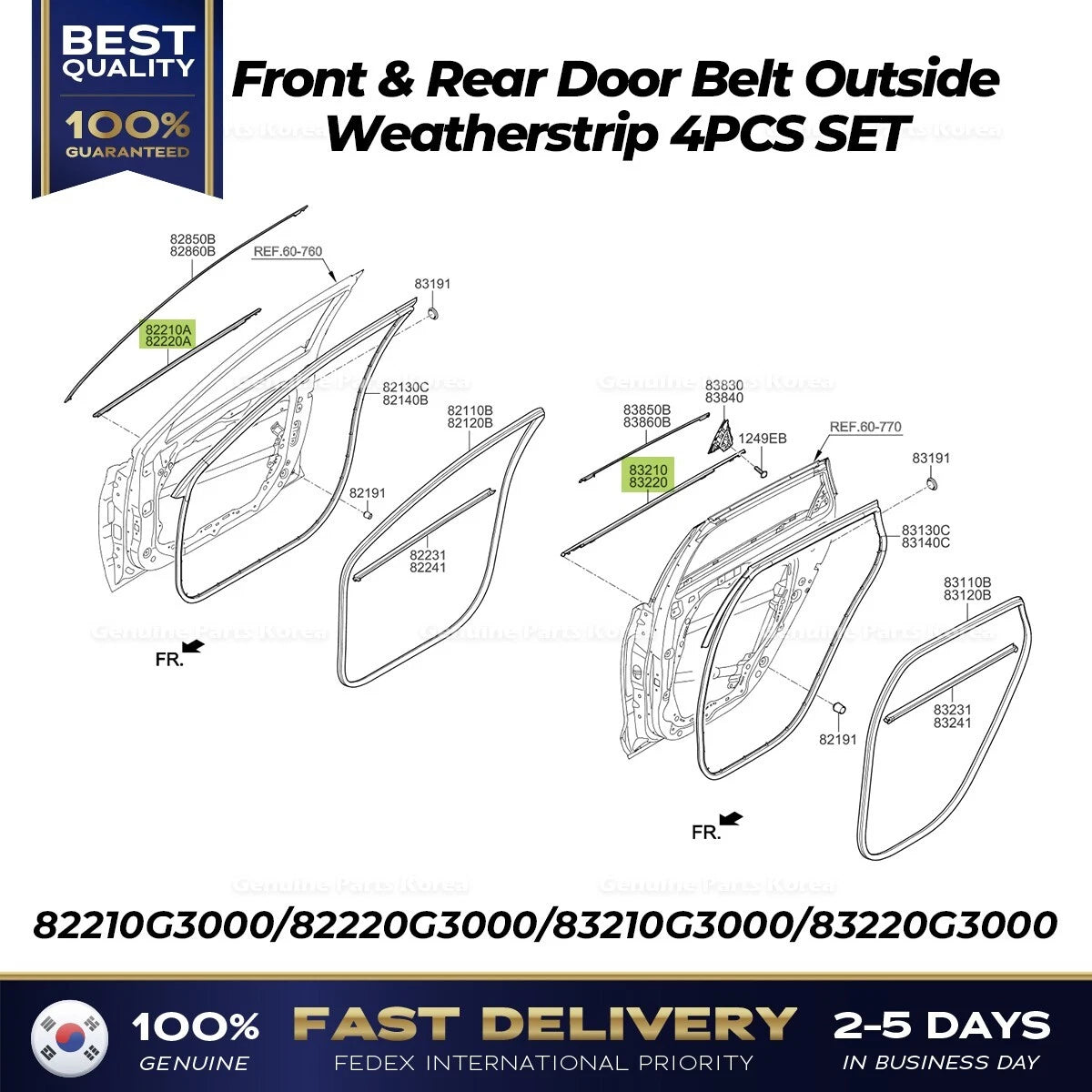 ⭐Genuine⭐ Front & Rear Door Belt Outside Weatherstrip 4PCS SET for Elantra GT