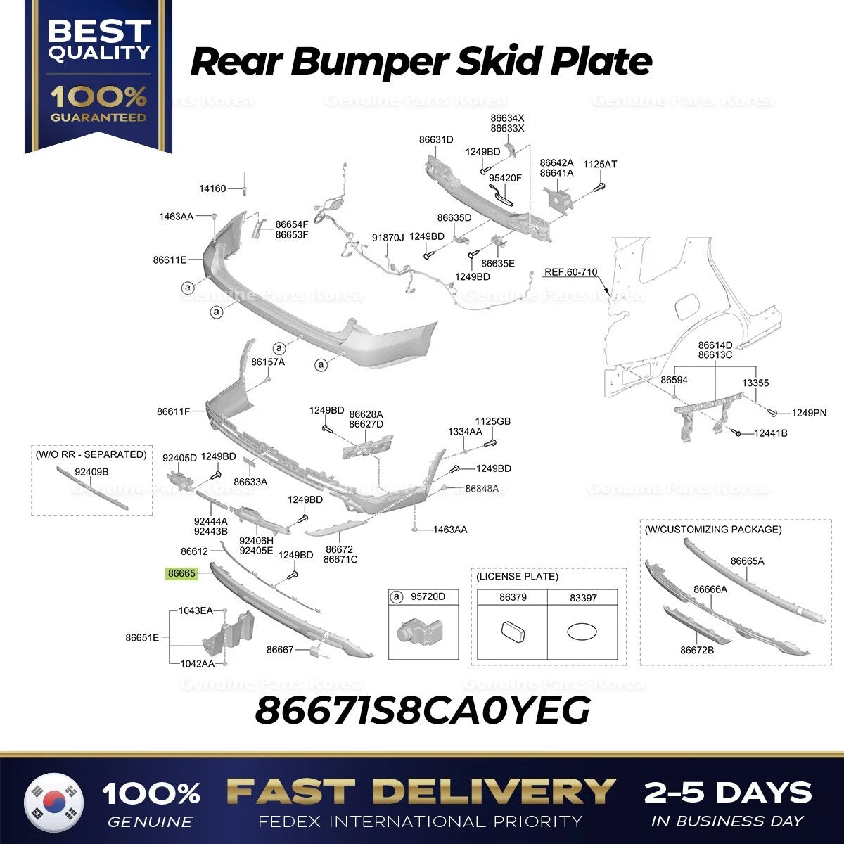 ⭐Genuine⭐ Rear Bumper Skid Plate 86671S8CA0YEG for Hyundai Palisade