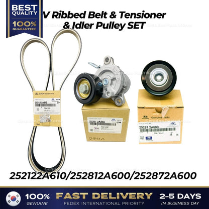 Genuine V Ribbed Belt & Tensioner & Idler Pulley SET for Hyundai Accent