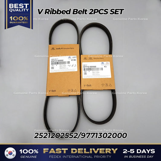 ⭐Genuine⭐ V Ribbed Belt 2PCS SET 2521202552 9771302000 for Hyundai i10