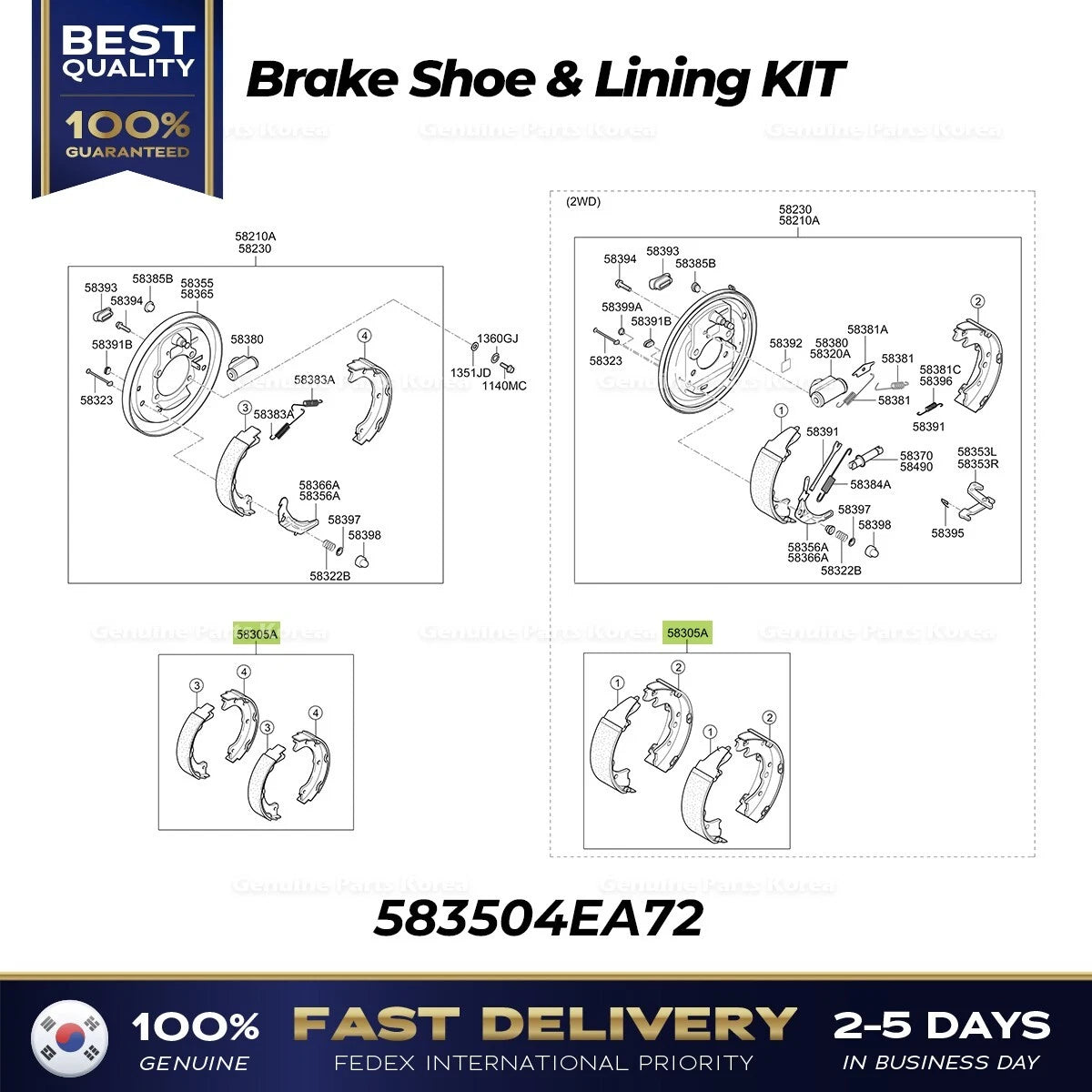 ⭐Genuine⭐ Brake Shoe & Lining KIT 583504EA72 for Kia Bongo III