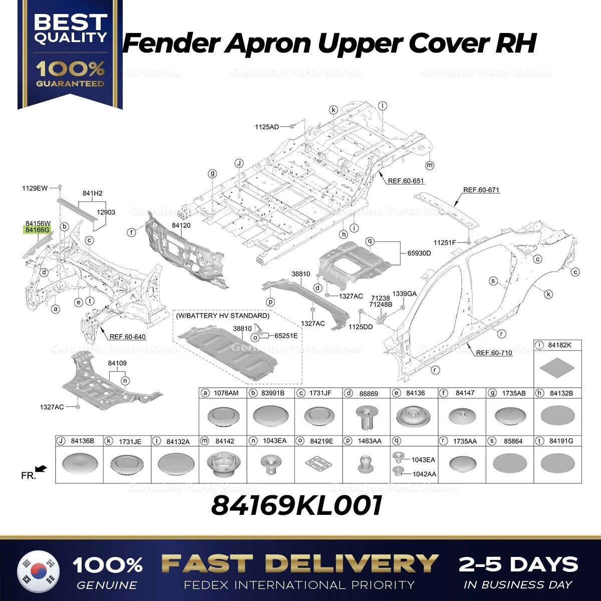 ⭐Genuine⭐ Fender Apron Upper Cover RH 84169KL001 for Hyundai Ioniq
