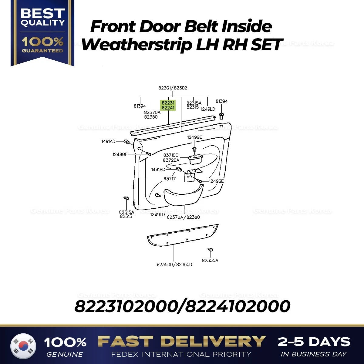 ⭐Genuine⭐ Front Door Belt Inside Weatherstrip LH RH SET for Hyundai Atoz