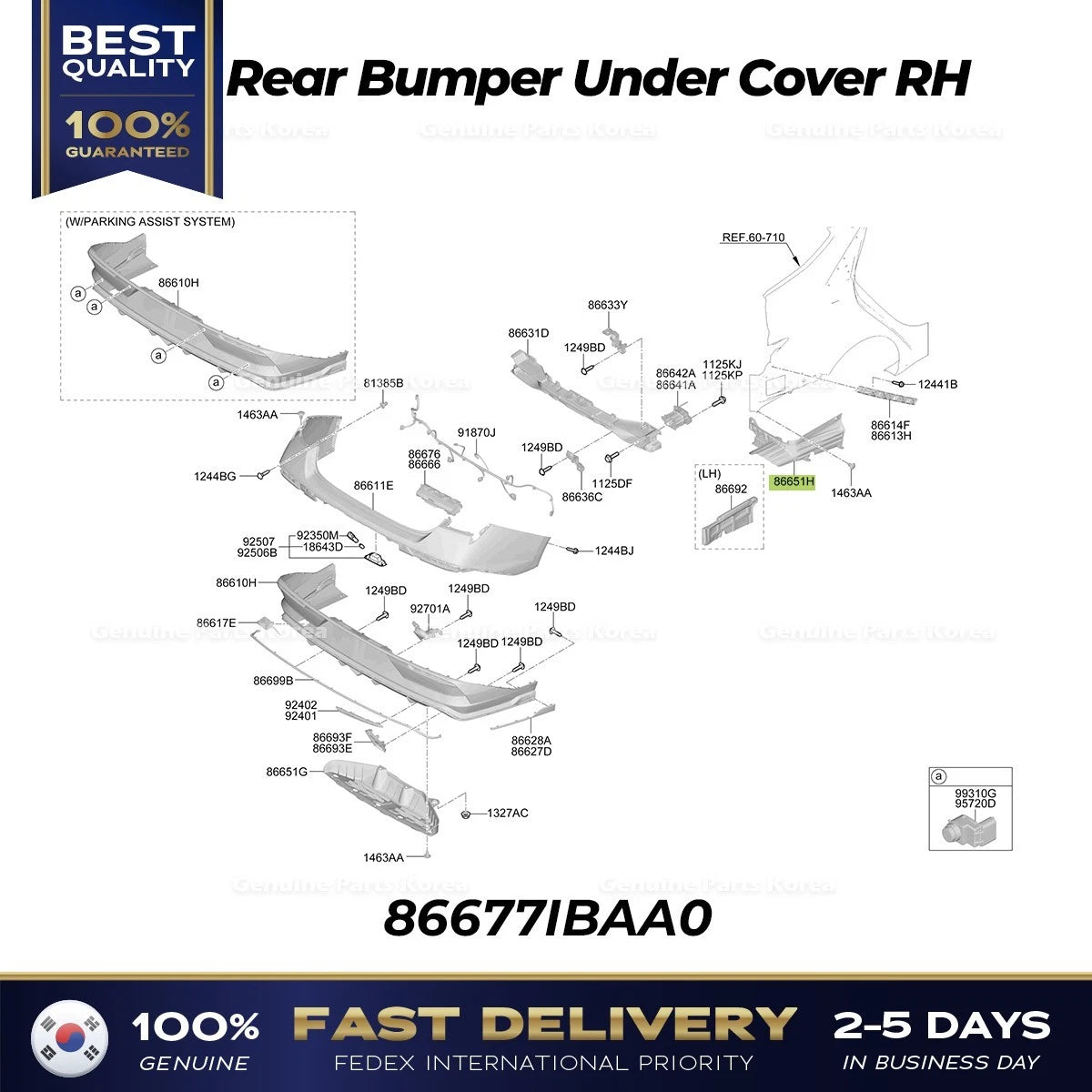 ⭐Genuine⭐ Rear Bumper Under Cover RH 86677IBAA0 for Hyundai Elantra N