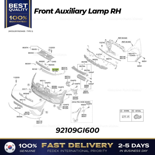 ⭐Genuine⭐ Front Auxiliary Lamp RH 92109GI600 for Hyundai Ioniq 5