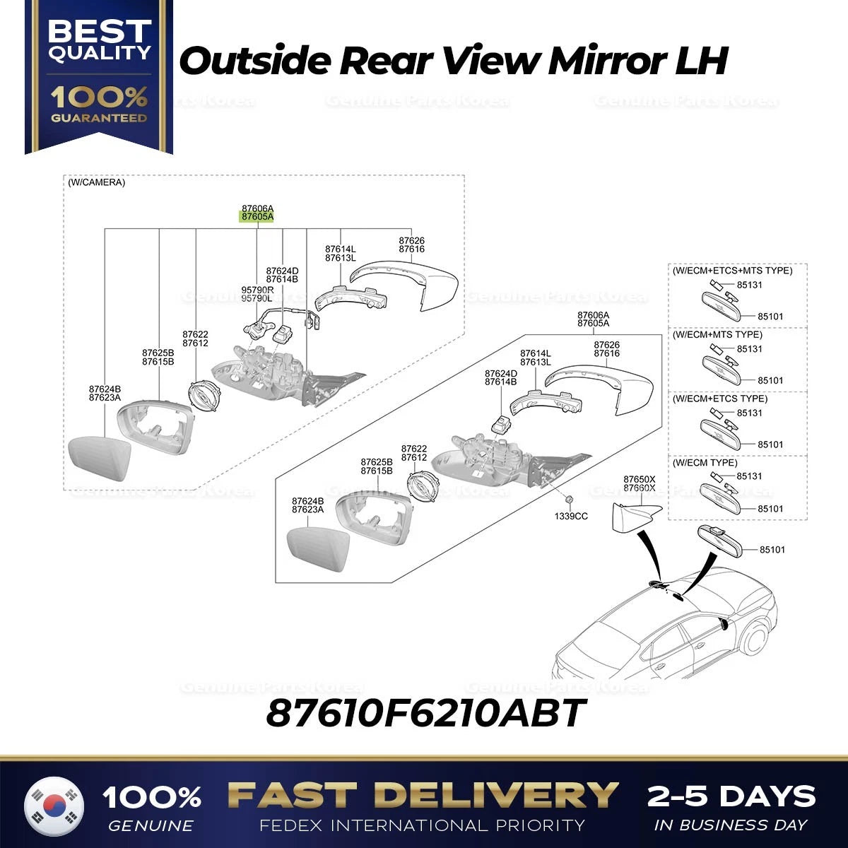 ⭐Genuine⭐ Outside Rear View Mirror LH 87610F6210ABT for Kia K7