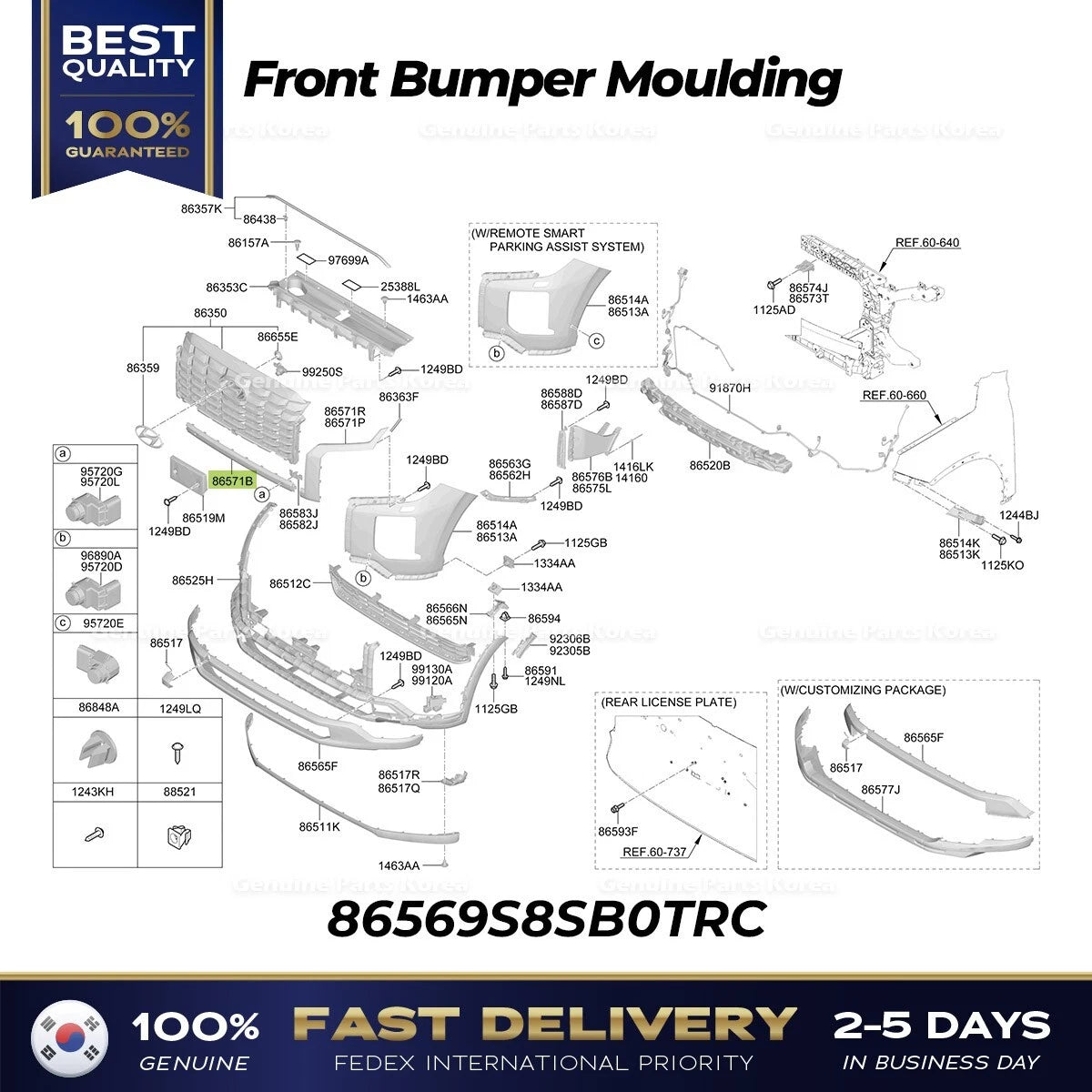 ⭐Genuine⭐ Front Bumper Moulding 86569S8SB0TRC for Hyundai Palisade
