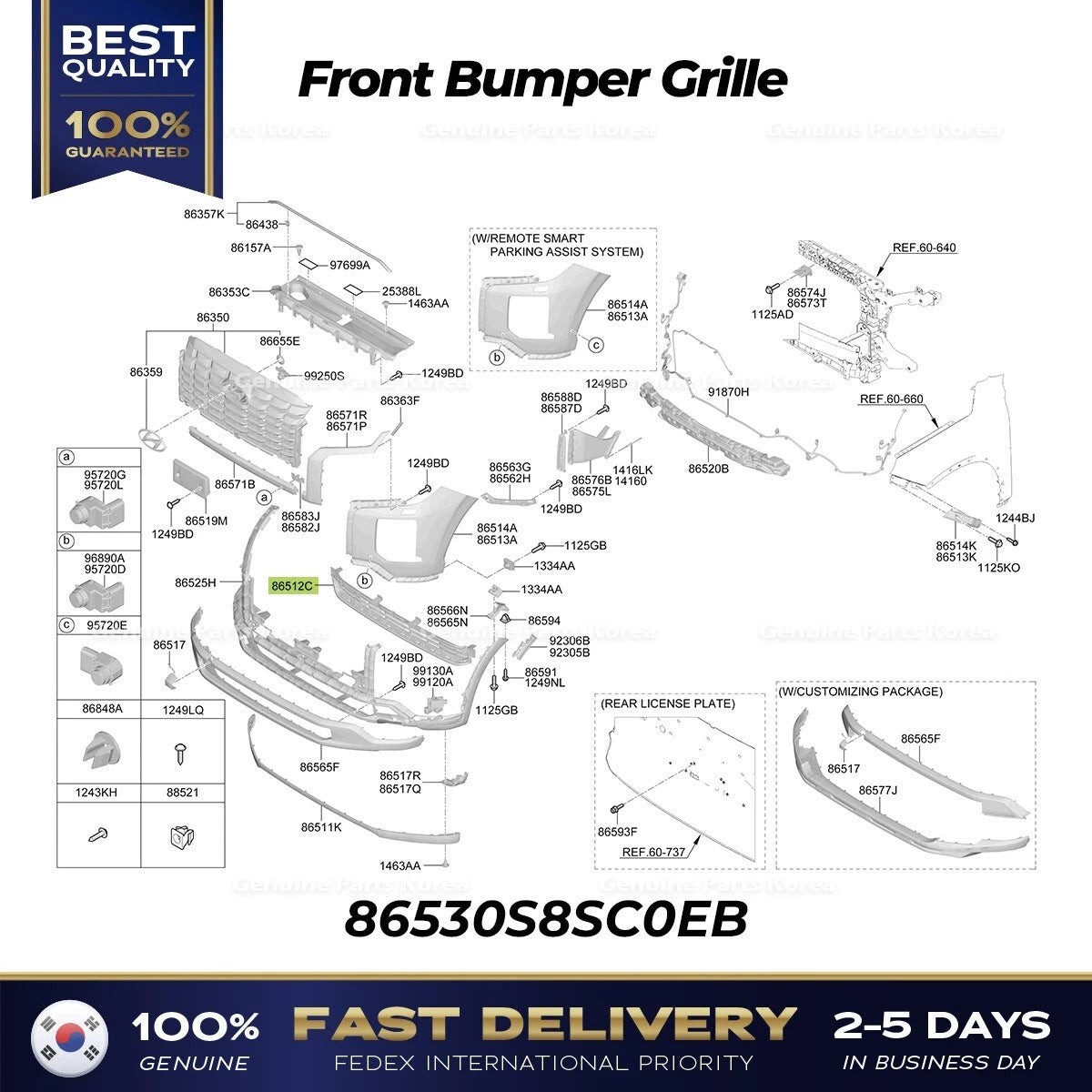 ⭐Genuine⭐ Front Bumper Grille 86530S8SC0EB for Hyundai Palisade LX2