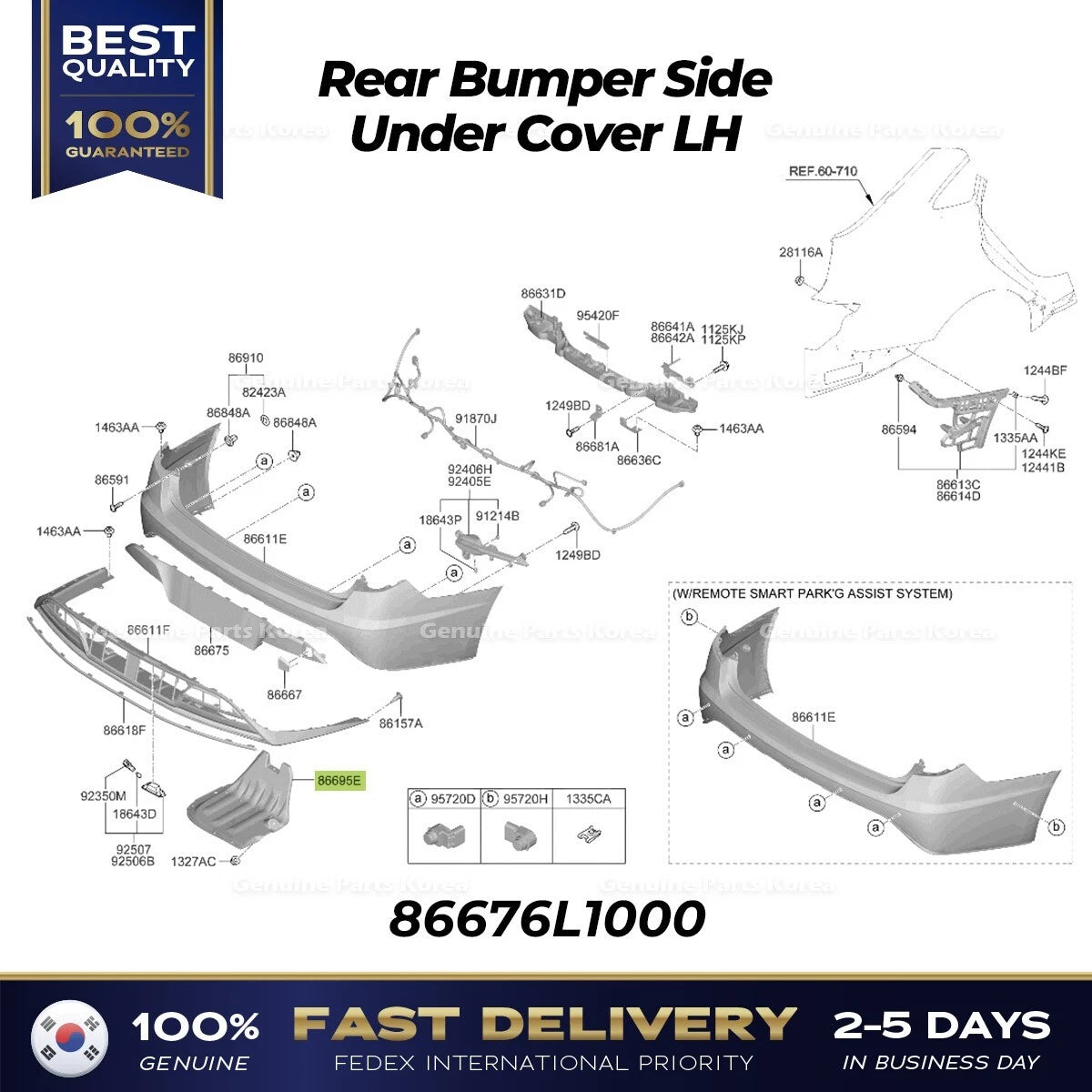 ⭐Genuine⭐ Rear Bumper Side Under Cover LH 86676L1000 for Hyundai Sonata