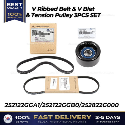Genuine V Ribbed Belt & V Blet & Tension Pulley 3PCS SET for Hyundai Kia