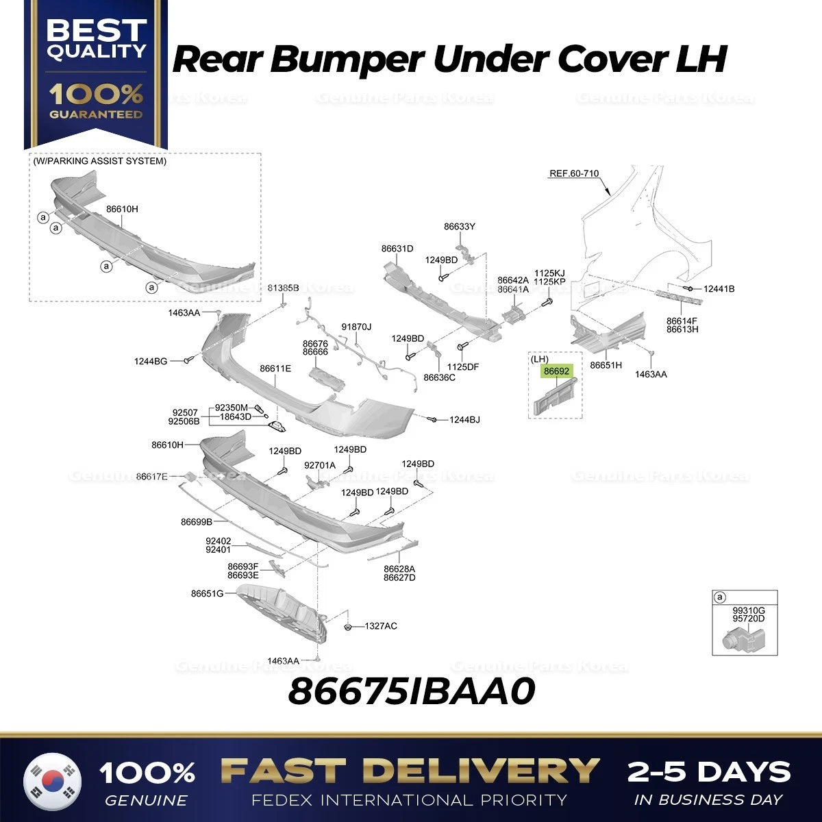 ⭐Genuine⭐ Rear Bumper Under Cover LH 86675IBAA0 for Hyundai Elantra N