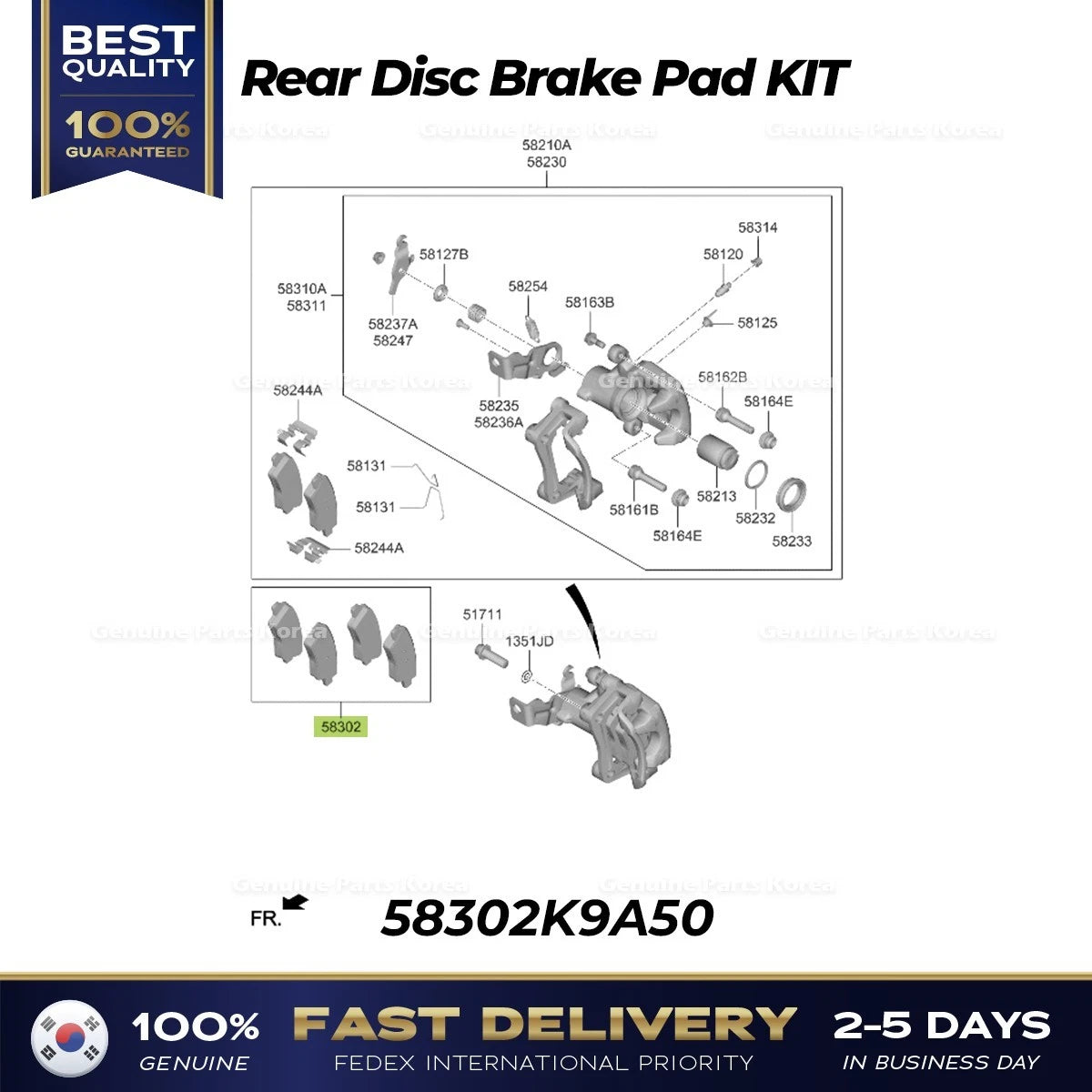 ⭐Genuine⭐ Rear Disc Brake Pad KIT 58302K9A50 for Hyundai Veloster N