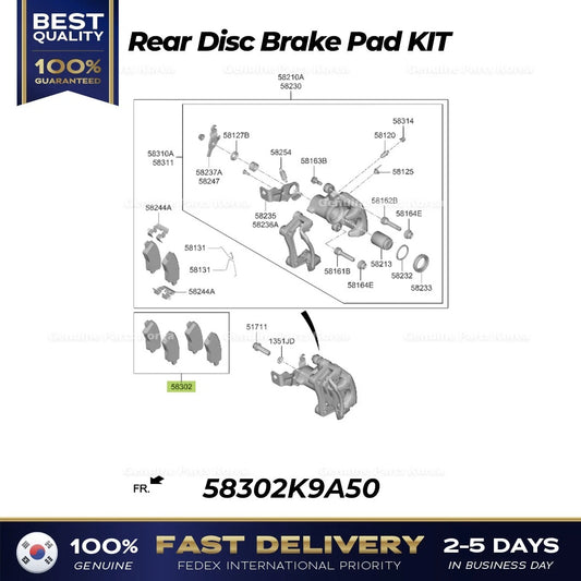 ⭐Genuine⭐ Rear Disc Brake Pad KIT 58302K9A50 for Hyundai Veloster N