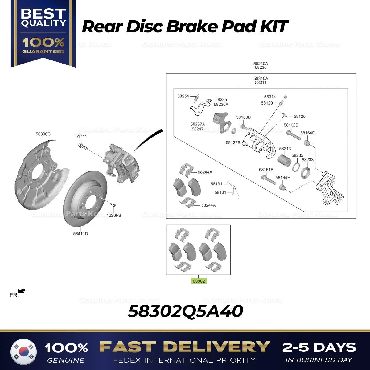 ⭐Genuine⭐ Rear Disc Brake Pad KIT 58302Q5A40 for Kia Seltos