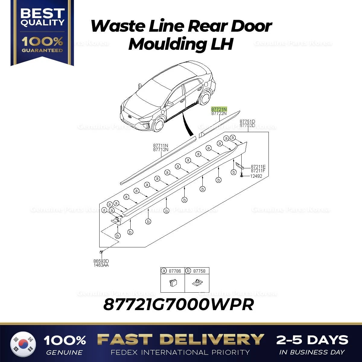 ⭐Genuine⭐ Waste Line Rear Door Moulding LH 87721G7000WPR for Hyundai Ioniq EV
