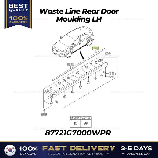 ⭐Genuine⭐ Waste Line Rear Door Moulding LH 87721G7000WPR for Hyundai Ioniq EV
