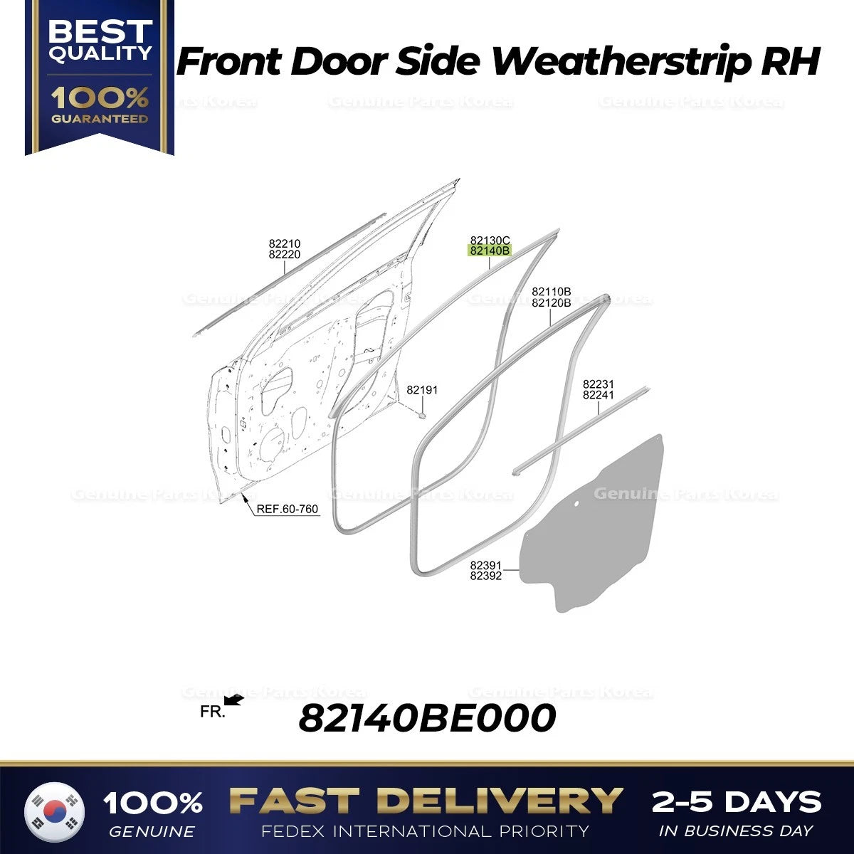 ⭐Genuine⭐ Front Door Side Weatherstrip RH 82140BE000 for Hyundai Kona Hybrid