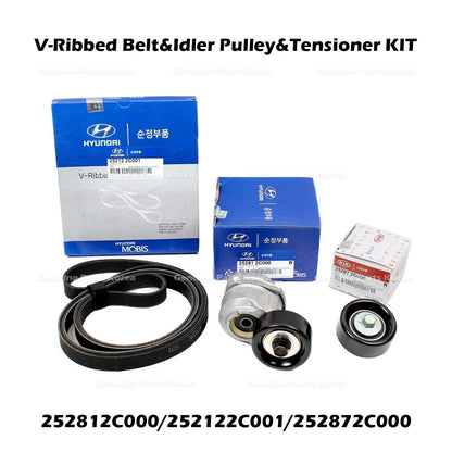 Genuine V-Ribbed Belt &  Idler Pulley & Tensioner KIT for Hyundai Genesis