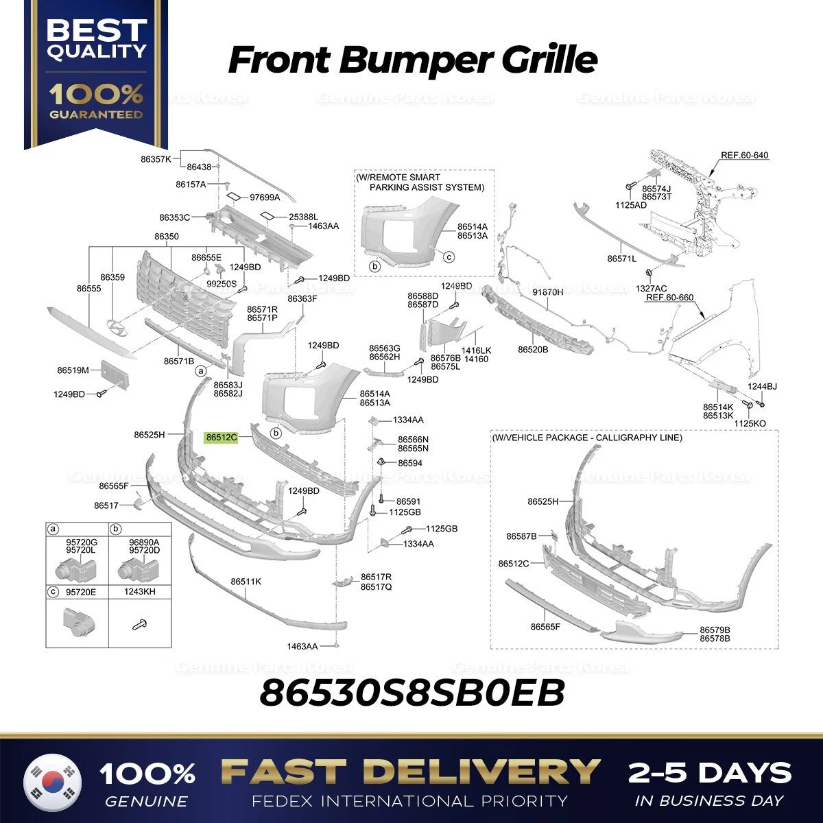 ⭐Genuine⭐ Front Bumper Grille 86530S8SB0EB for Hyundai Palisade